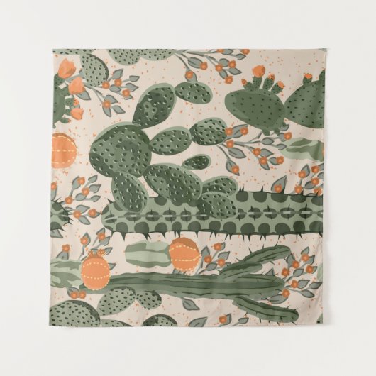 緑のヴィンテージの多汁のサボテンとオレンジの花  タペストリー (正面(横))