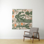 緑のヴィンテージの多汁のサボテンとオレンジの花  タペストリー (インサイチュ(横))