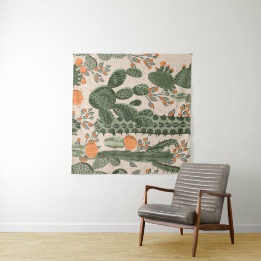 緑のヴィンテージの多汁のサボテンとオレンジの花  タペストリー (インサイチュ(横))