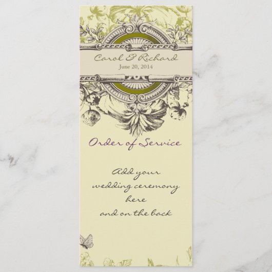 緑のヴィンテージの花柄の結婚式プログラム プログラム (正面)