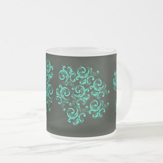 緑のヴィンテージの花模様 フロストグラスマグカップ (正面右)