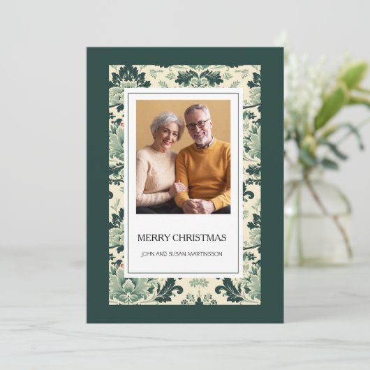 緑のヴィンテージエレガントフローラ写真メリークリスマス シーズンカード (スタンド正面)