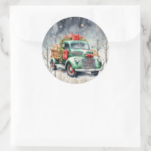 緑のヴィンテージトラック冬の森クリスマスギフト ラウンドシール (バッグ)