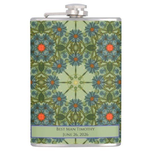 緑のヴィンテージ模様に青い花 フラスク (正面)