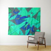 緑の三角形の切り出し、青い背景、粗い タペストリー (インサイチュ(横))