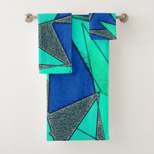 緑の三角形の切り出し、青い背景、粗い バスタオルセット (インサイチュ)