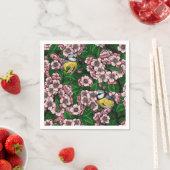 緑の上に咲くさくらんぼの木の中の青いチットの鳥 スタンダードカクテルナプキン (インサイチュ)