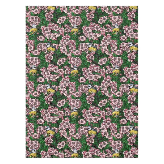 緑の上に咲くさくらんぼの木の中の青いチットの鳥 テーブルクロス (正面)