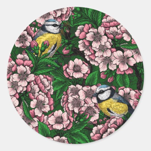 緑の上に咲くさくらんぼの木の中の青いチットの鳥 ラウンドシール (正面)