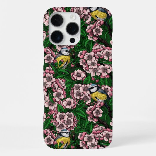 緑の上に咲くさくらんぼの木の中の青いチットの鳥 iPhoneケース (裏面)