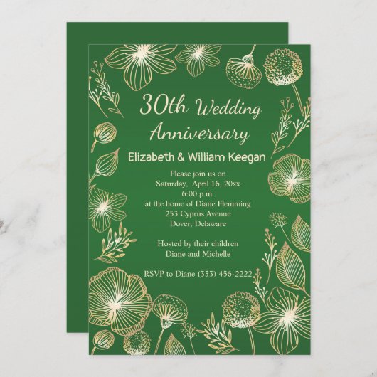 緑の上に咲く金色の花 30周年記念結婚式 招待状 (正面/裏面)