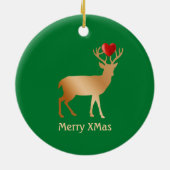 緑の上のクリスマスゴールデントナカイ セラミックオーナメント (裏面)