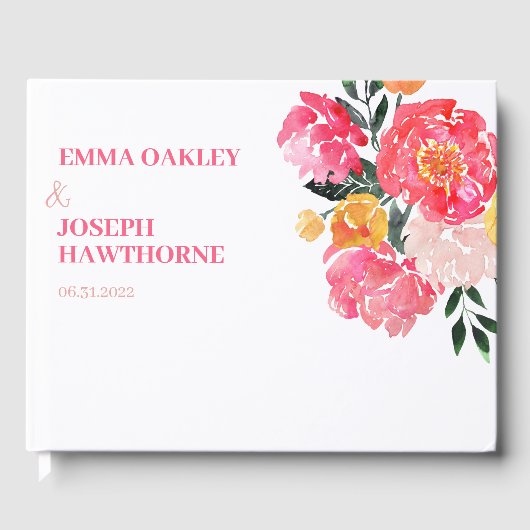 緑の上のピンクの牡丹ボケ結婚フローラ ゲストブック (正面)