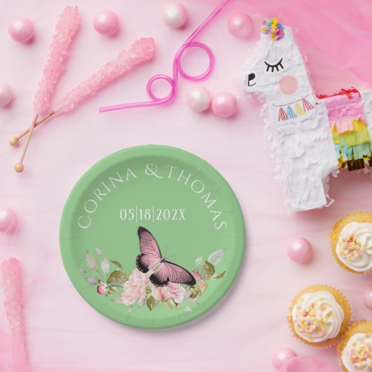 緑の上のピンクの花と結婚蝶 ペーパープレート (パーティー)