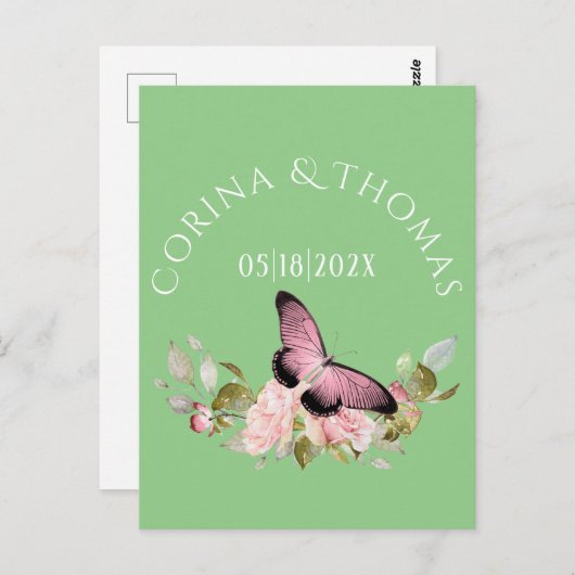 緑の上のピンクの花と結婚蝶 ポストカード (正面/裏面)
