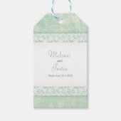 緑の上のホワイトレース結婚式の引き出物ラベル ギフトタグ (正面)