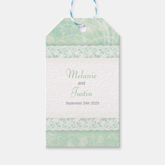 緑の上のホワイトレース結婚式の引き出物ラベル ギフトタグ (正面)