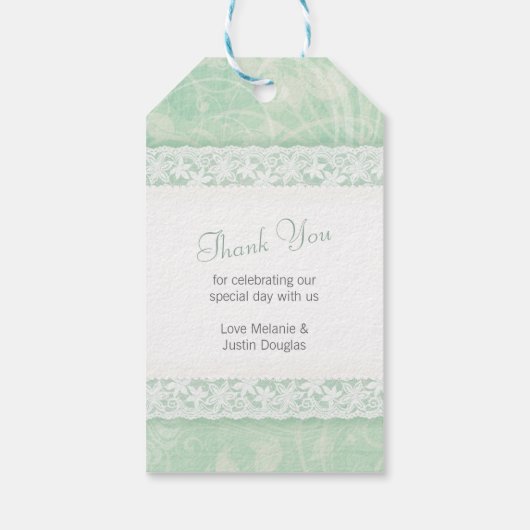 緑の上のホワイトレース結婚式の引き出物ラベル ギフトタグ (裏面)