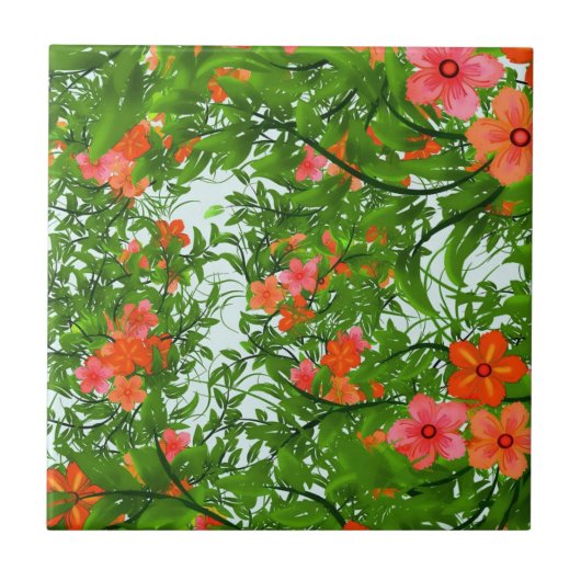 緑の上の赤い花 タイル (正面)