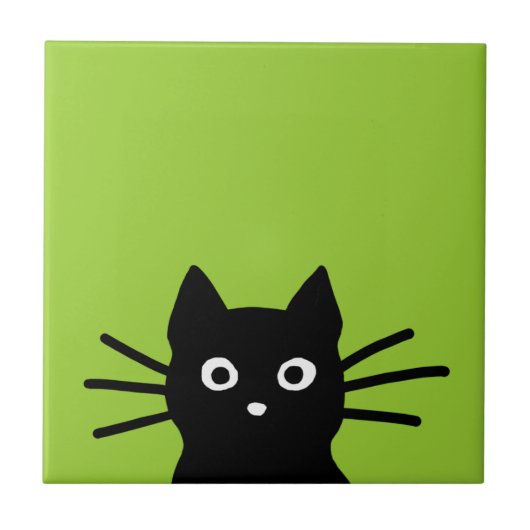 緑の上の黒猫(色をお選びいただけます) タイル (正面)