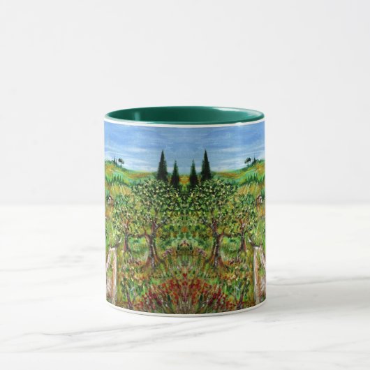 緑の丘とオリーブの木のトスカーナの風景 マグカップ (中央)
