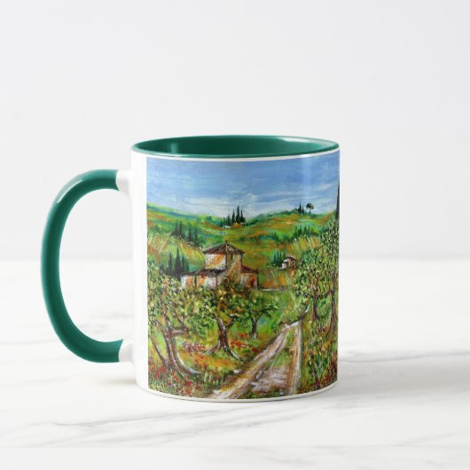 緑の丘とオリーブの木のトスカーナの風景 マグカップ (左)