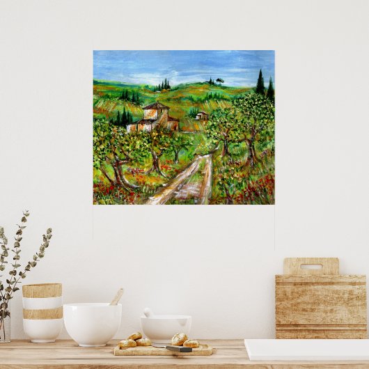 緑の丘とオリーブの木トスカーナの風景 ポスター (キッチン)