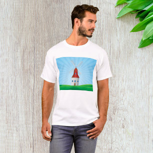 緑の丘と青空に佇む赤い風車 Tシャツ