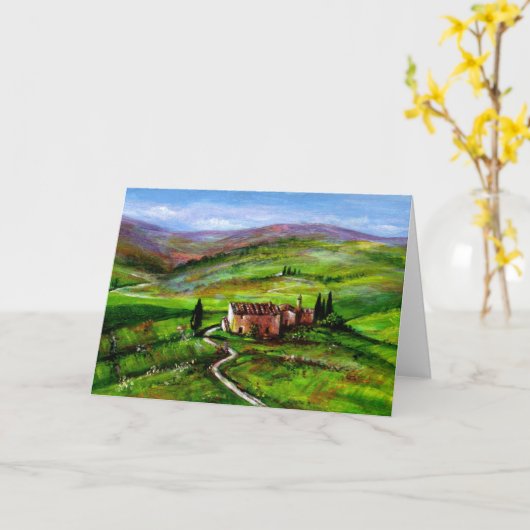 緑の丘を持つトスカーナの風景 カード (黄色い花)