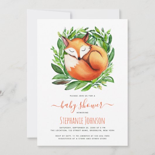 緑の中で眠る赤ちゃんシャワーキツネかわいい森 招待状 (正面)