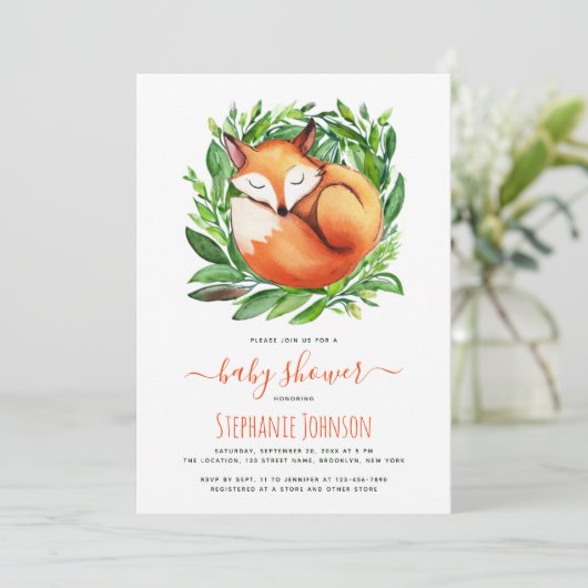 緑の中で眠る赤ちゃんシャワーキツネかわいい森 招待状 (スタンド正面)