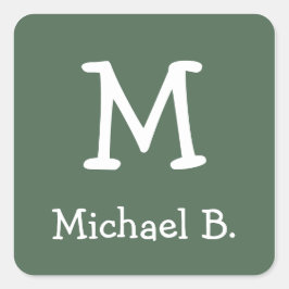 緑の丸い正方形に白のモノグラムと名前 スクエアシール