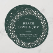 緑の丸きらめく光の平和の愛+喜び シーズンカード (正面/裏面)