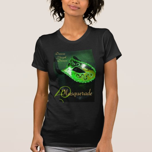 緑の仮面舞踏会のマスクの女性ハロウィンTシャツ Tシャツ (正面)