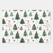 緑の休日の木のパターンと赤いストライプ ラッピングペーパーシート (正面)
