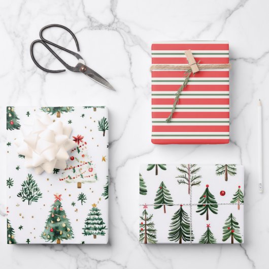 緑の休日の木のパターンと赤いストライプ ラッピングペーパーシート (正面)
