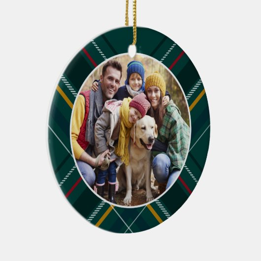 緑の休日の格子模様のフレーム家族の写真クリスマス セラミックオーナメント (右)