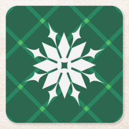 緑の伝統的格子冬の雪 スクエアペーパーコースター