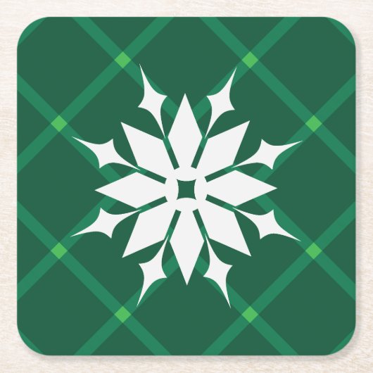 緑の伝統的格子冬の雪 スクエアペーパーコースター (正面)