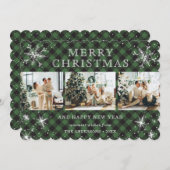 緑の伝統的格子状スノーフレーク3フォトコラージュ シーズンカード (正面/裏面)