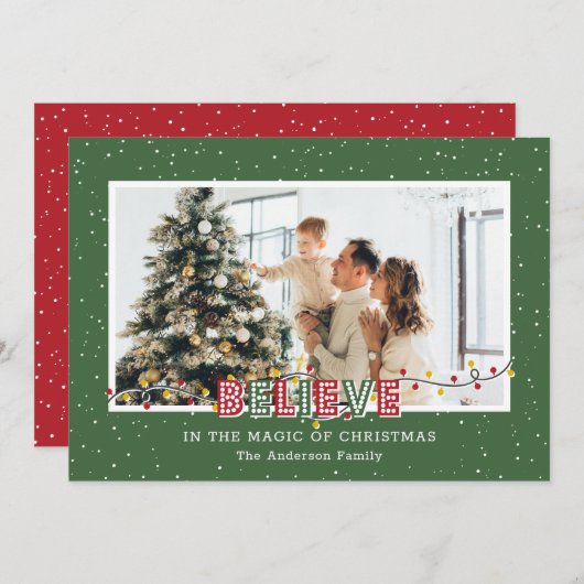 緑の信じ魔法写真クリスマスカード シーズンカード (正面/裏面)
