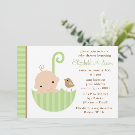 緑の傘のベビーシャワーのベビー 招待状 (スタンド正面)