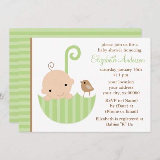 緑の傘のベビーシャワーのベビー 招待状 (正面/裏面)