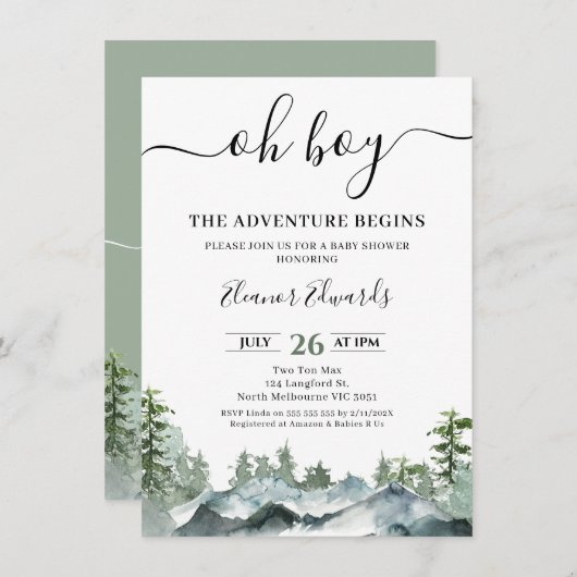 緑の冒険が荒野の赤ちゃんシャワーを開始 招待状 (正面/裏面)