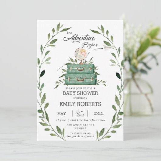 緑の冒険ベビーシャワー旅行スーツケース 招待状 (スタンド正面)