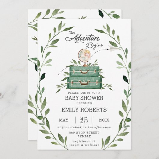 緑の冒険ベビーシャワー旅行スーツケース 招待状 (正面/裏面)