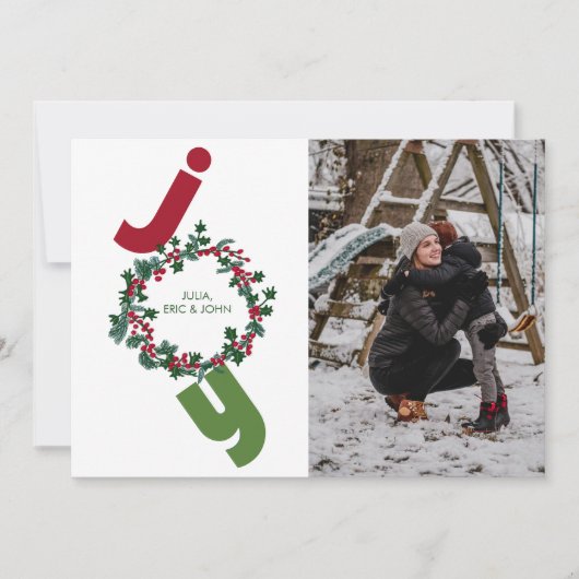 緑の写真とクリスマスのリースで喜び シーズンカード (正面)