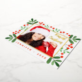 緑の写真メリークリスマススクリプト赤い金ゴールド 箔シーズンカード (回転した状態)