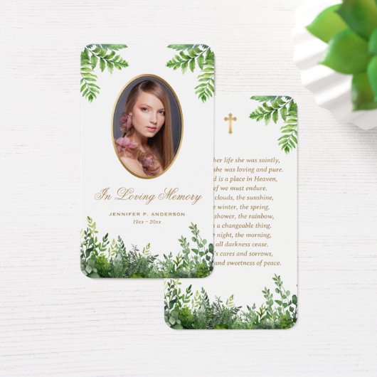緑の写真葬儀記念祈りの言葉カード (デスク)