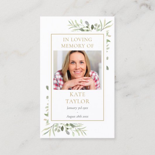 緑の写真葬儀記念祈りの言葉カード 名刺 (正面)